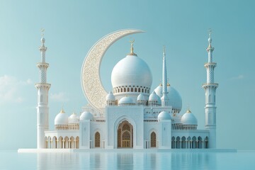 Obraz premium 3D Rendering of a Crescent Moon and Mosque in an Isolated Scene