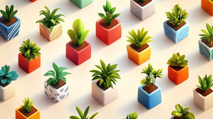 28.A seamless pattern featuring small indoor plants in various geometric pots, with cheerful colors and a soft shadowing effect for depth.