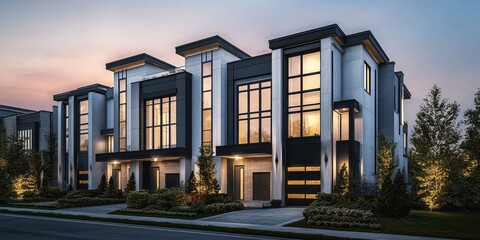 Fototapeta premium Modern townhouses, twilight, urban architecture, glass facades, warm interior lighting, contemporary design, angular structures, geometric shapes, minimalist aesthetic, landscaped vegetation, upscale 