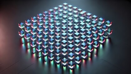 Fototapeta premium Floating rectangular prisms arranged in a 3D grid, each with iridescent colors and subtle reflections