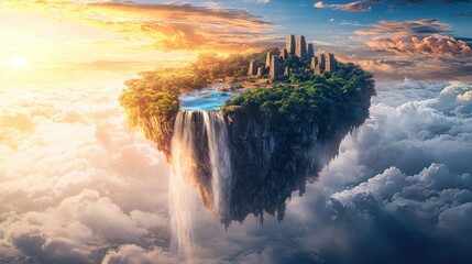 Mystical Floating Island in the Sky with Crystal Waterfall