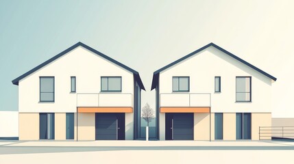 68.A simple vector graphic of a semi-detached house showing two mirror-image units with sloped roofs, a shared central wall, and minimalistic windows and doors.