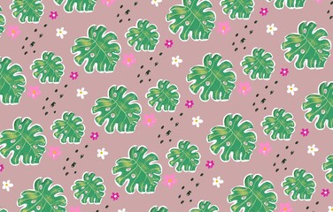 seamless pattern Monstera leaf  hand drawn tropical botanical, spring and Summer time,  tropical  style design for surfaces 