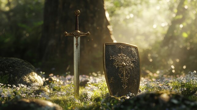 Medieval sword and shield on the forest