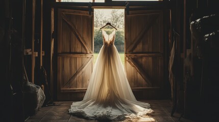 A stunning wedding dress hangs gracefully in a rustic barn doorway, illuminated by soft light, creating a romantic and serene atmosphere.