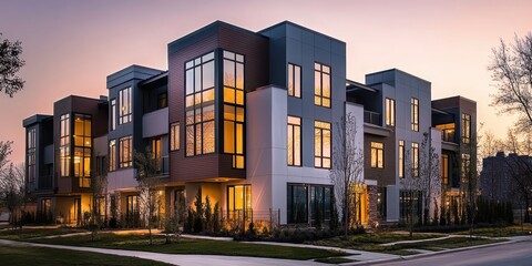 Modern townhouses, twilight, urban architecture, glass facades, warm interior lighting, contemporary design, angular structures, geometric shapes, minimalist aesthetic, landscaped vegetation, upscale 