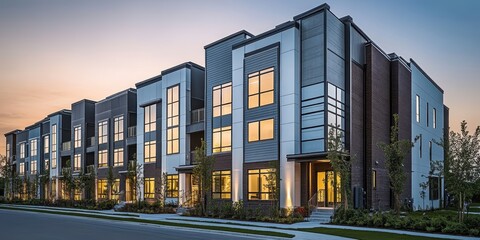 Obraz premium Modern townhouses, twilight, urban architecture, glass facades, warm interior lighting, contemporary design, angular structures, geometric shapes, minimalist aesthetic, landscaped vegetation, upscale 