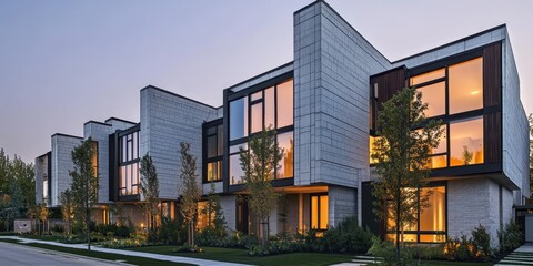 Modern townhouses, twilight, urban architecture, glass facades, warm interior lighting, contemporary design, angular structures, geometric shapes, minimalist aesthetic, landscaped vegetation, upscale 