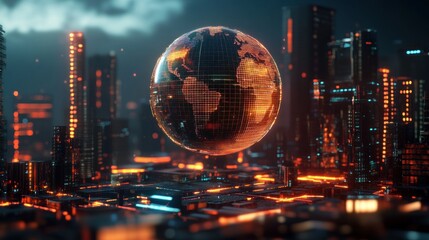 Global network, futuristic city, digital earth, glowing, night