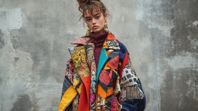 A fashionable model poses in a vibrant, patchwork coat against a textured gray wall, showcasing a unique blend of colors and styles.