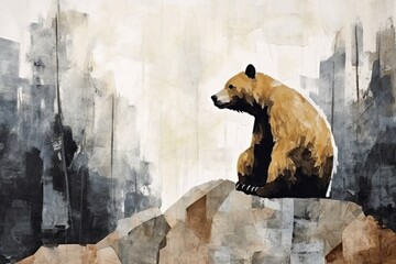 Brown bear sitting on rock in dark forest wildlife mammal animal.