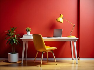 Minimalist Home Office: Yellow Lamp, Red Wall, White Laptop