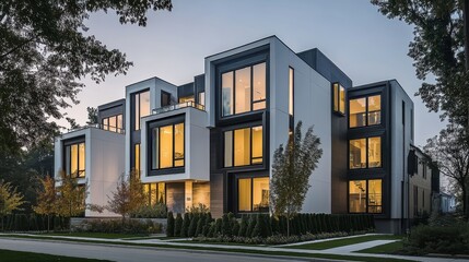 Modern townhouses, twilight, urban architecture, glass facades, warm interior lighting, contemporary design, angular structures, geometric shapes, minimalist aesthetic, landscaped vegetation, upscale 