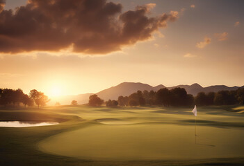 Obraz premium course sunset landscape grass sky green field nature blue tree sport cloud summer fairway lawn meadow