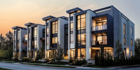 Modern townhouses, twilight, urban architecture, glass facades, warm interior lighting, contemporary design, angular structures, geometric shapes, minimalist aesthetic, landscaped vegetation, upscale 
