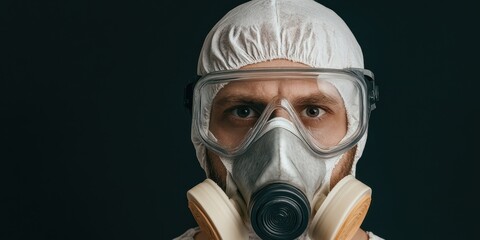 Close up of a Man Wearing a Respirator Mask and Protective Gear