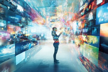 Fototapeta premium A creative portrayal of digital technology usage in everyday routines, emphasizing innovation and influence on society.