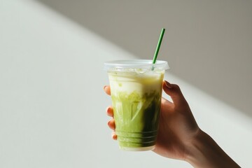 Hand holding iced matcha latte drink in plastic cup