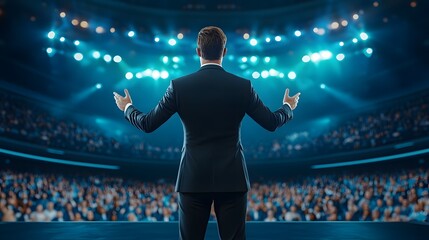 A speaker in formal attire passionately gestures on stage, addressing a captivated audience under focused lighting.