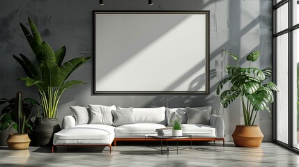 Fototapeta premium Contemporary modern home space clean minimalist interior with a frame for a poster