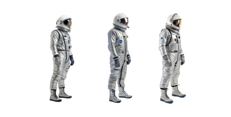 Set of Astronauts in spacesuit close-up isolated on transparent background. Cosmonaut in open hovering space.