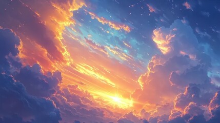 Obraz premium Vibrant Sunset Cloudscape With Golden Hues