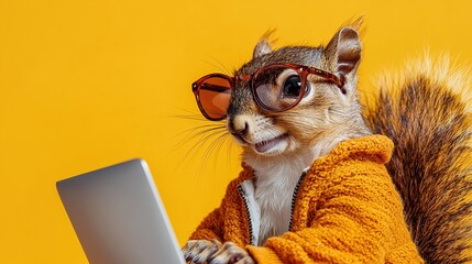 Squirrel in Sweater Uses Laptop