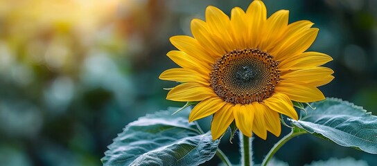 Fototapeta premium Vibrant single sunflower in bloom, backlit by sunlight, with blurred background of more sunflowers.