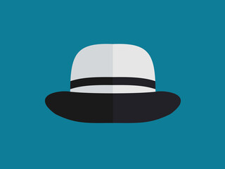 A graphic illustration of a white bowler hat with a black band around the crown