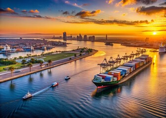 Fototapeta premium Minimalist Long Beach Harbor Cargo Ships at Sunset, Southern California