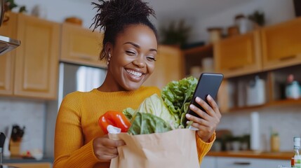 Happy woman checks grocery order on her phone