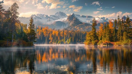 Fototapeta premium Majestic Autumn Landscape with Colorful Trees and Snow-Capped Mountains Reflected in Tranquil Lake Under Blue Sky and Fluffy Clouds