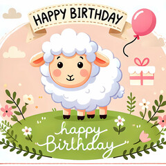 Happy birthday. cute sheep and happy birthday inscription. Generated AI