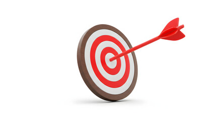 This 3D representation features a target board marked by a red arrow on a white backdrop, illustrating the concept of concentrating on business goal attainment