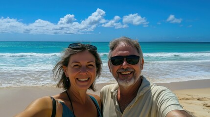 Obraz premium Happy Couple Enjoying a Sunny Beach Vacation