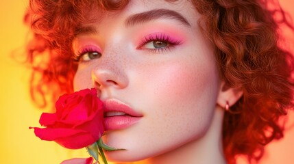 Naklejka premium Close-up portrait of a woman, with neon pink eyeliner, curly auburn hair, and holding a single red rose petal near her lips, against a gradient orange and pink backdrop romantic couple, happy 
