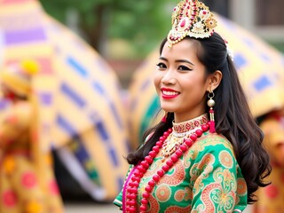 Fototapeta premium Indonesian woman dressed in vibrant traditional festive attire, complete with intricate patterns and ornate accessories, vibrant, clothing