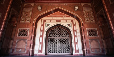 Obraz premium Intricate marble lattice screen inside Humayun's Tomb showcasing Mughal architecture, design, architecture