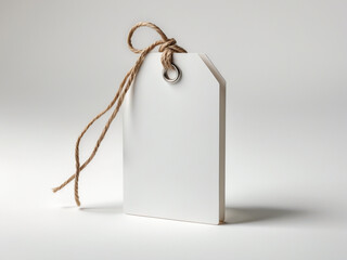 A blank white rectangular tag with rounded corners, featuring a brown twine string threaded through a metal eyelet, perfect for use in product labeling, branding, or price tagging in retail settings.