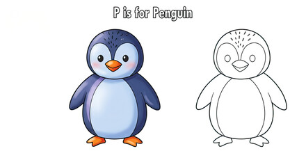 Fototapeta premium P is for Penguin: A cute penguin illustration for kids, perfect for learning the alphabet and coloring. 