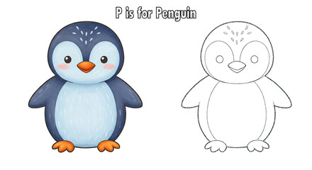 Naklejka premium Adorable Penguin ABC Illustration for Coloring Book Page for Children.