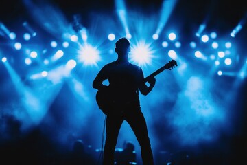 Musician performs on stage with glowing lights behind during nighttime concert event