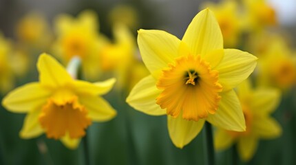 A close-up of bright daffodils blooming in a garden