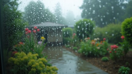 Raindrops sliding down a window, blurred garden in the background, overcast sky, calm and refreshing rainy day mood, soft focus and muted colors.