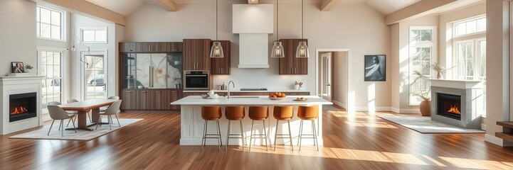 Fototapeta premium Luxurious kitchen and living room interior in new home with open floor plan, island, hardwood floors, fireplace, dining area, and abundant natural light, living room, open concept