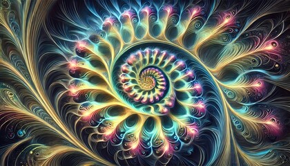 Fototapeta premium Abstract fractals in the form of spiraling, infinite shapes with intricate, glowing details and smooth gradients