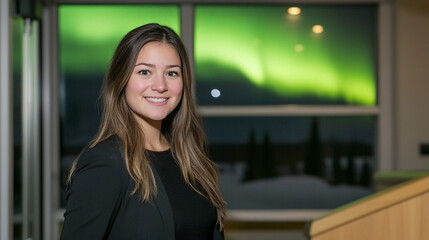 Fototapeta premium Young woman smiling in front of northern lights in a modern indoor setting at night
