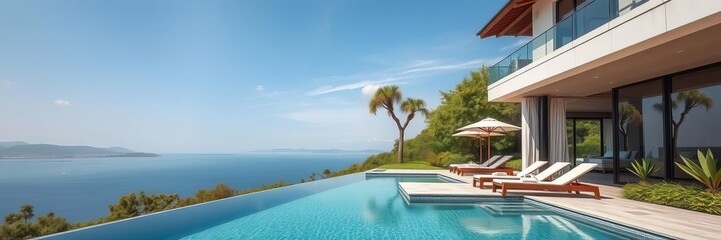 Fototapeta premium Luxurious modern villa with a serene swimming pool and lush garden set in tranquil surroundings, serene, swimming pool