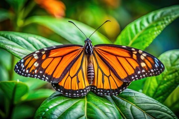 Fototapeta premium Architectural lines frame a vibrant orange monarch butterfly, perched delicately on a lush green leaf.