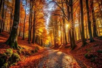 Fototapeta premium Autumn sunlight silhouettes Irati Forest's beech and fir trees along a Navarra path.
